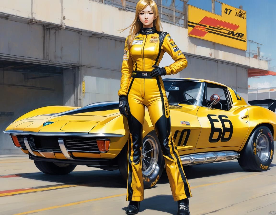 Race Car Driver with 1968 Corvette: Manga Style