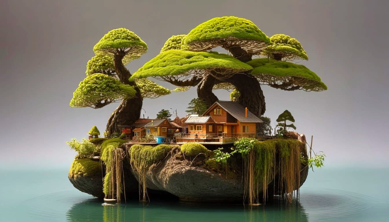 Mystical Woodroffe Bonsai Village on a Floating Island