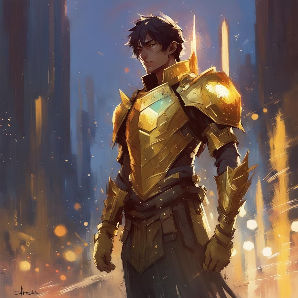 Half-elf Paladin in Golden Armor with Cosmic Reflection