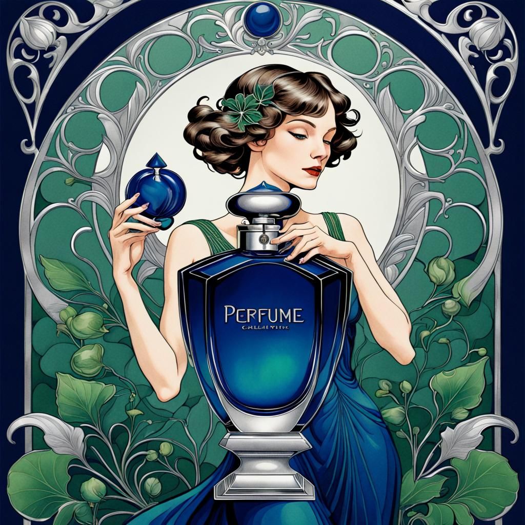 Art Nouveau Perfume Ad in Cobalt Blue