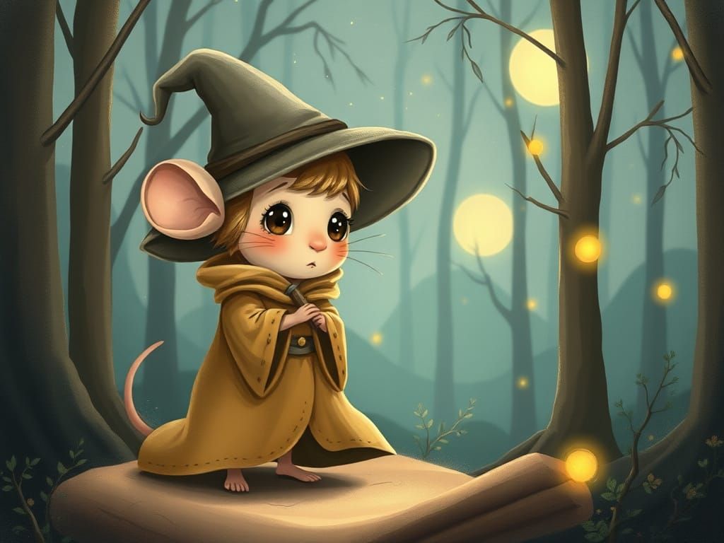 Mouse Mage in Moonlit Forest, Fantasy Illustration