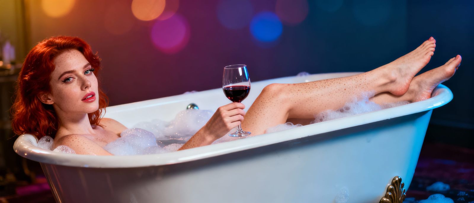 Red-Haired Woman Bathes in Bubbles
