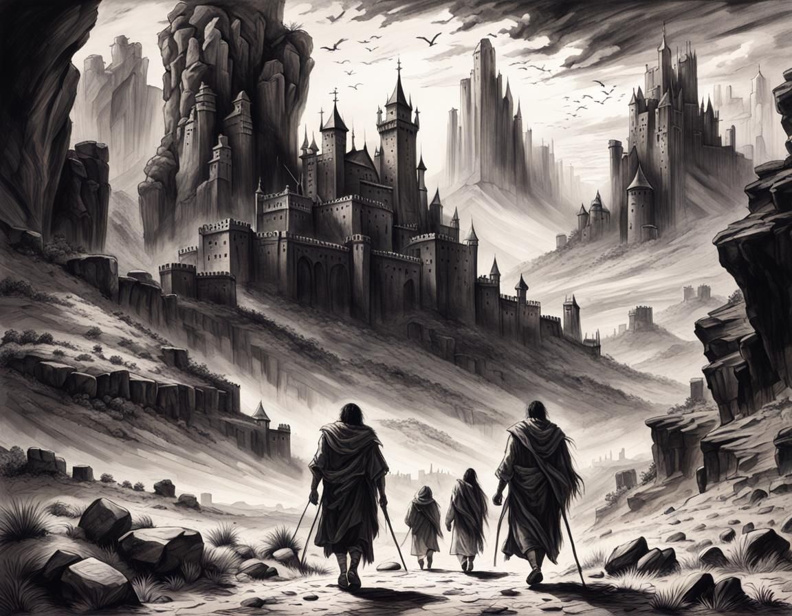Charcoal Drawing of Figures Approaching Gothic Castle