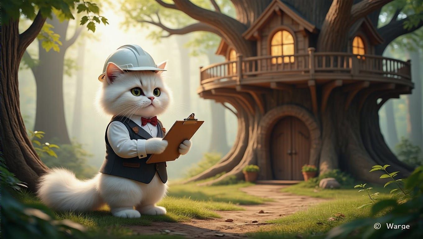 a fluffy white anthropomorphic cat, dressed as a wise architect wearing a tiny hard hat, inspecting a giant treehouse. T...