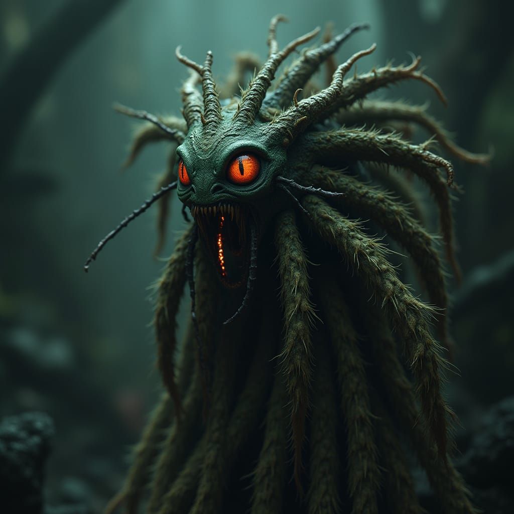 Biomechanical Abomination with Roots and Glowing Eyes