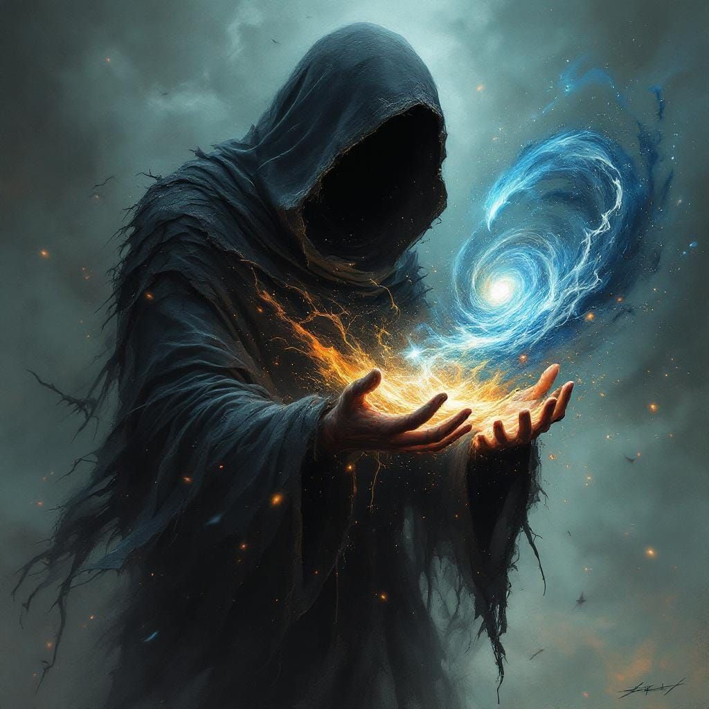 Ethereal Figure Holding Universe in Dark Fantasy Style