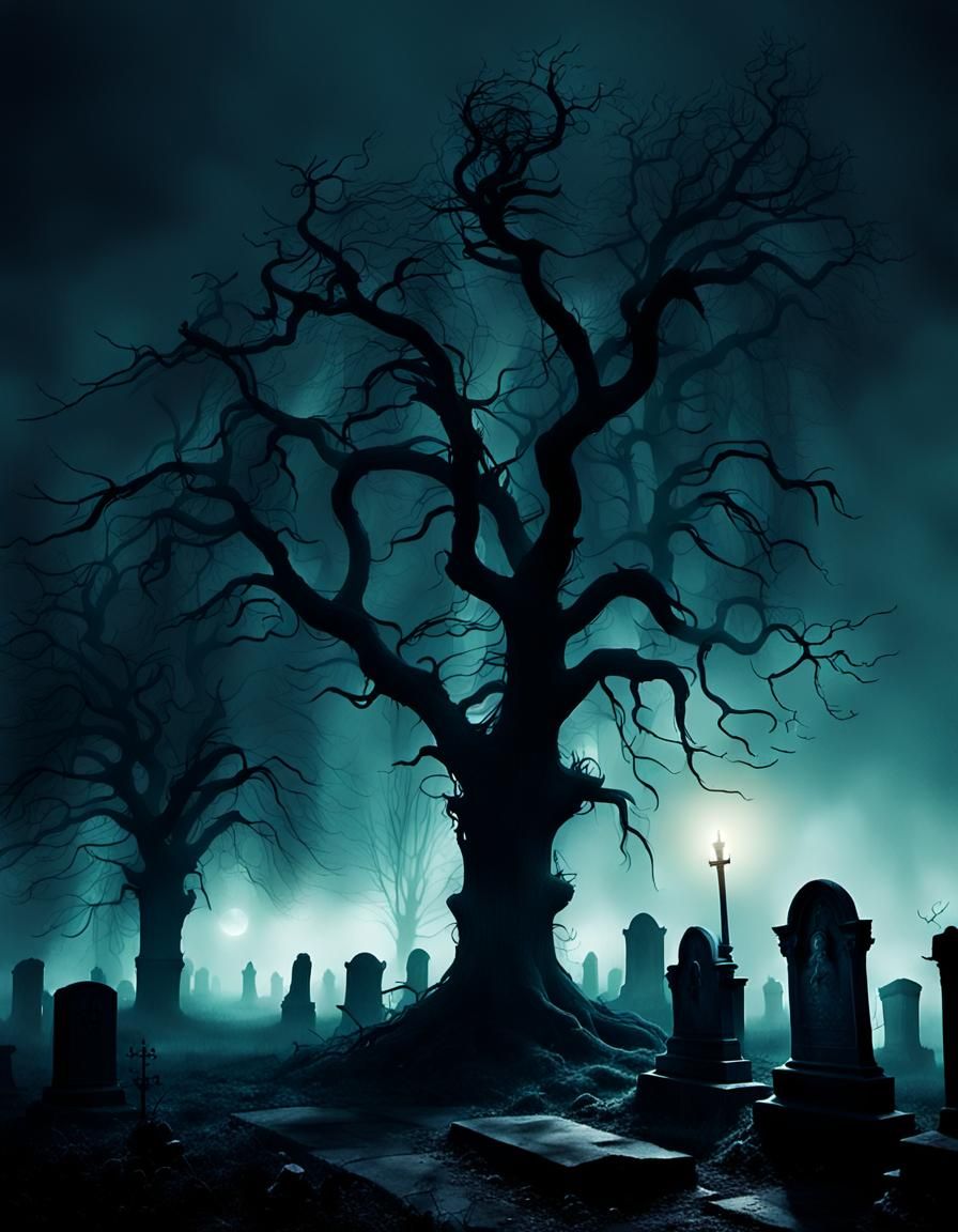 Eerie Gothic Cemetery at Night in Grayscale
