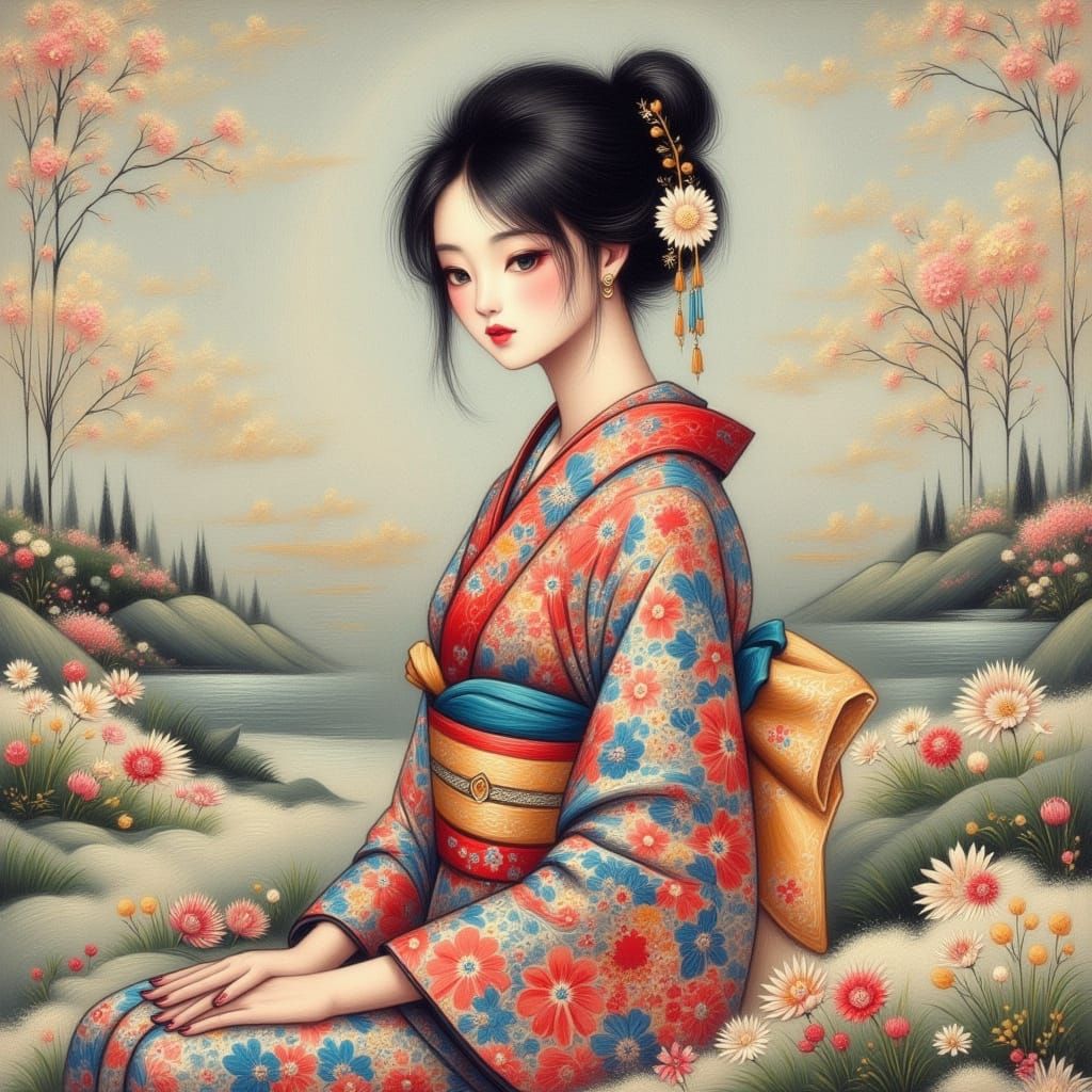 Minimalist Japanese Woman in Yukata with Embroidery