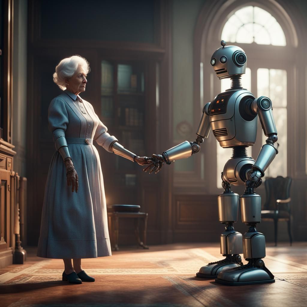Vintage Robot Butler Comforts Lonely Woman: 3D Render