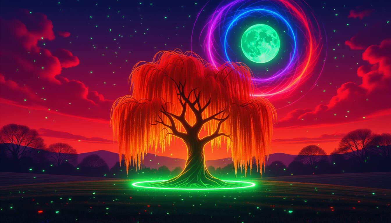 Neon Willow Tree with Fiery Rings in Dark Fantasy Art