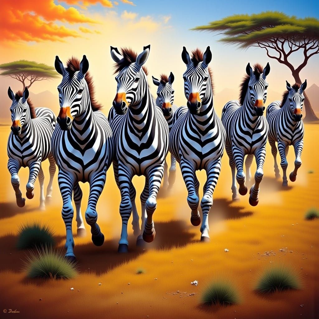 Wild Zebras in Motion across Vibrant Savannah Landscape
