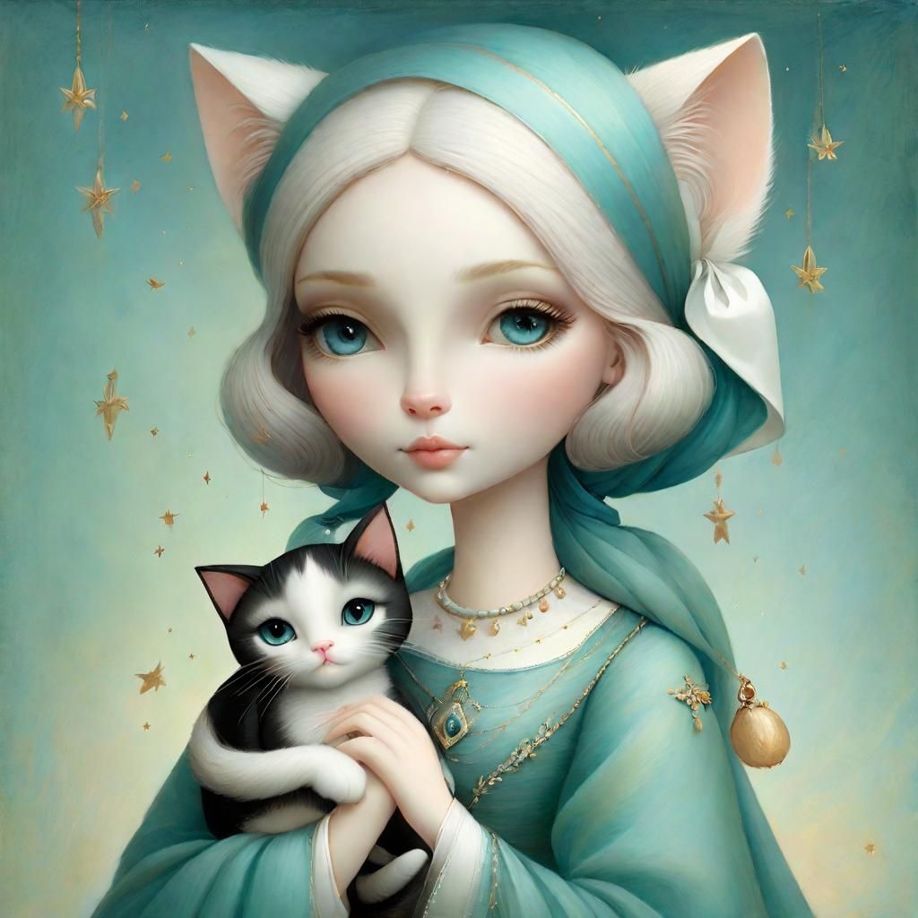 Girl Holding Cat in Surrealist Style