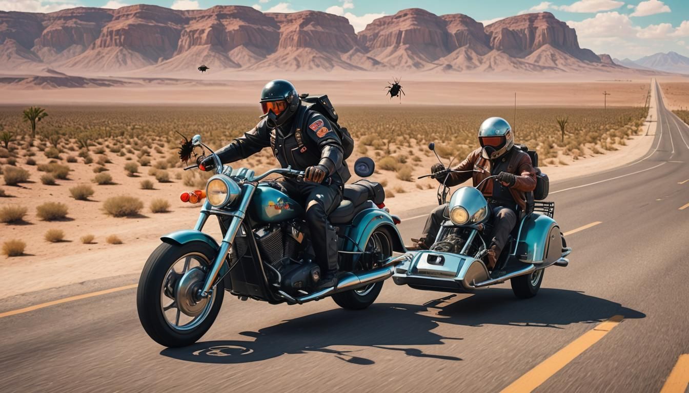A House Fly riding a Harley chopper with a Cockroach in a sidecar in a vaporwave, on a bright desert highway, warm win...