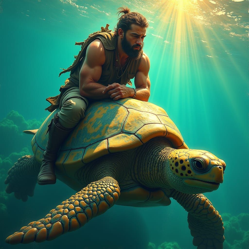 Man Rides Turtle in Tropical Waters: Hyperrealistic Art