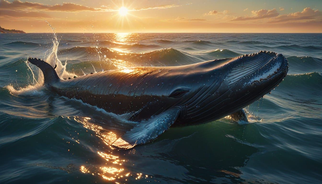 Whale Leaps from Ocean in Hyperrealistic Splash Art