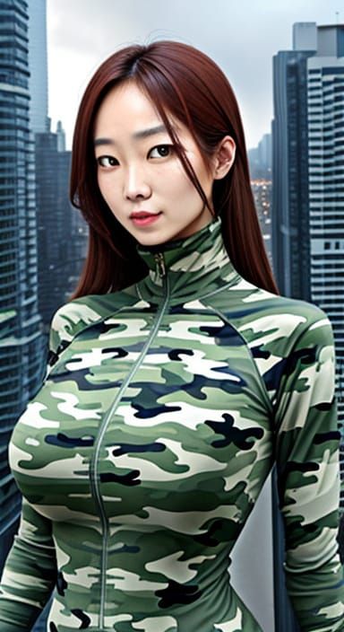 Symmetrical Female Figure in Eco Cityscape Camouflage