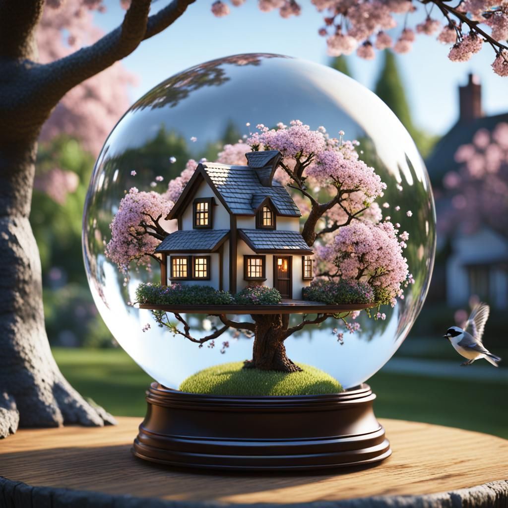 English Cottage Inside Crystal Ball, Hyperrealistic 16k