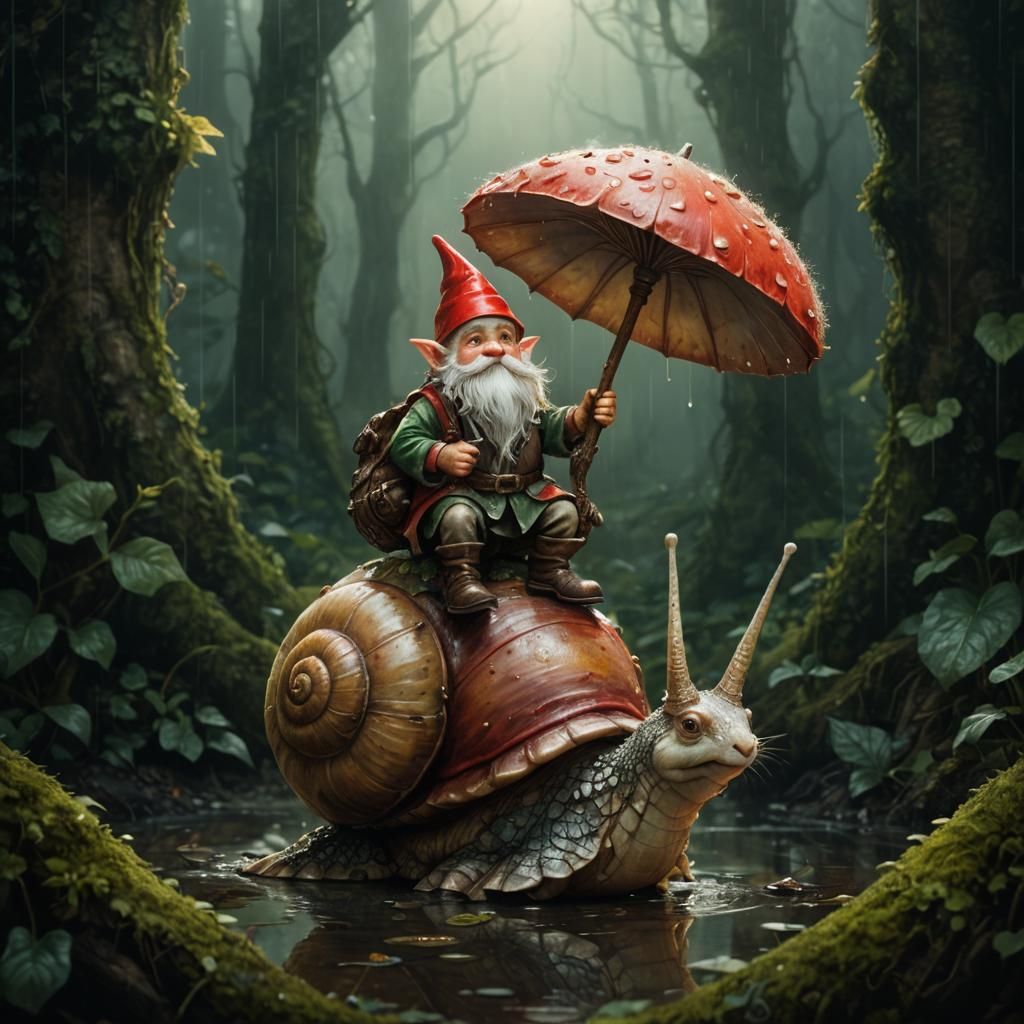 Gnome Riding Snail in Mystical Forest, Watercolor Style