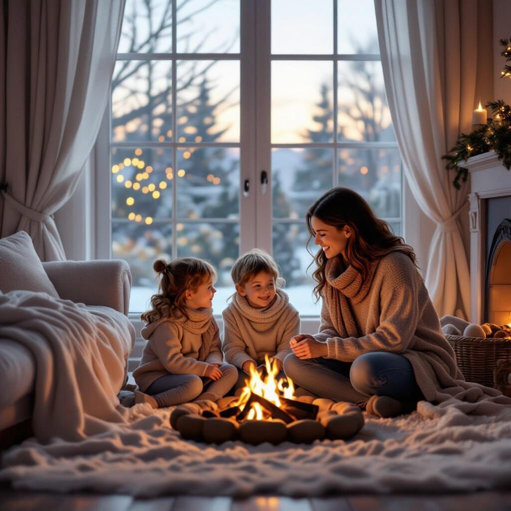 Cozy Living Room Scene with Fireplace and Family