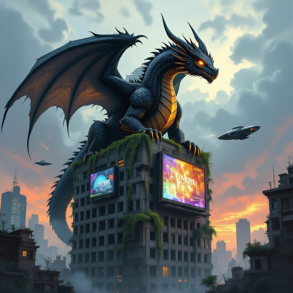 Obsidian Dragon on Ruined Skyscraper in Futuristic City