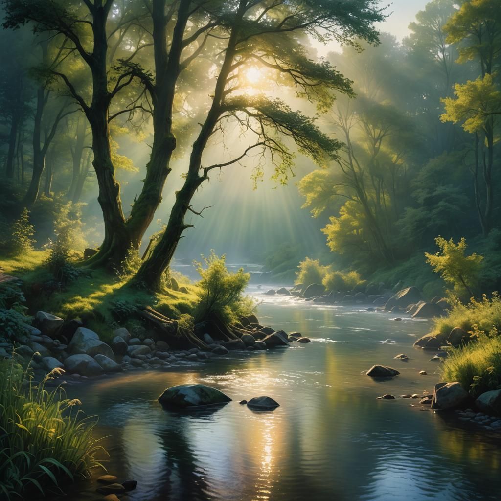 The morning sun breaks through the haze over a picturesque river