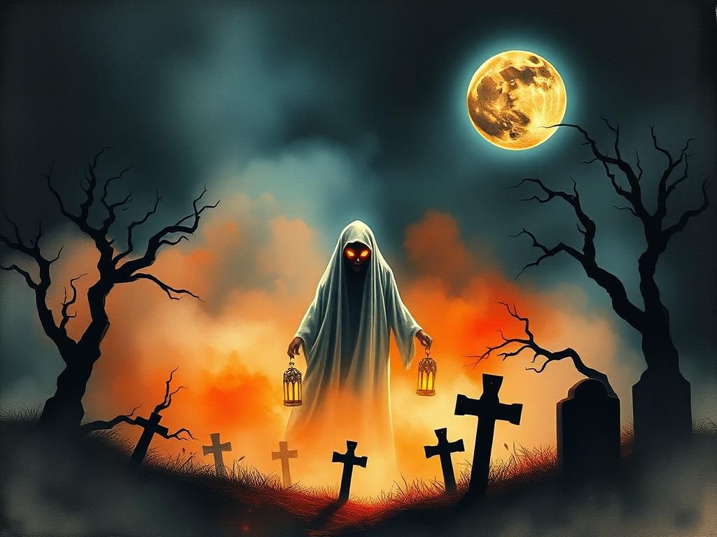 Ethereal Specter Emerges in Watercolor Halloween Landscape