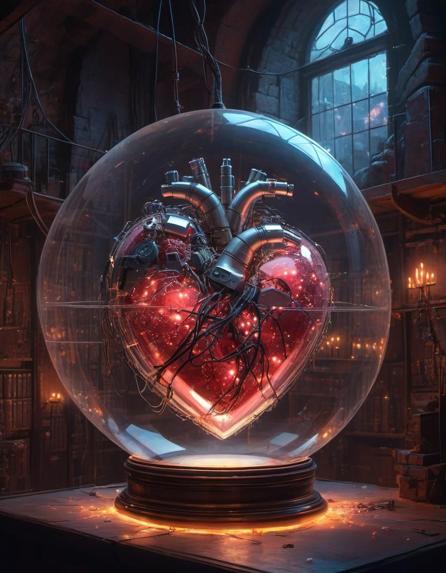 Robotic Heart in Glass Orb, Digital Art