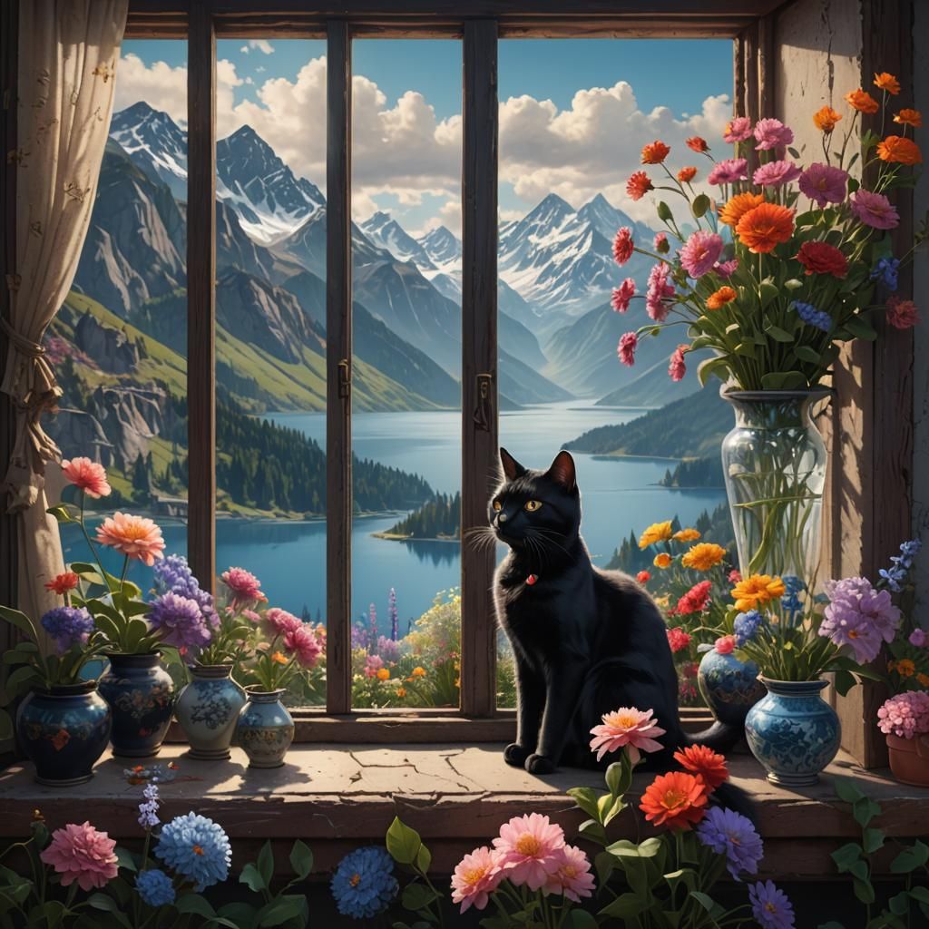 Black Cat Sits by Window with Mountain View