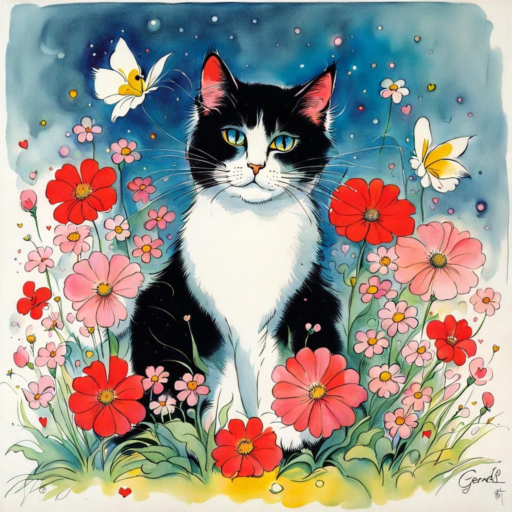 Grotesque Cat Portrait with Flowers and Heart Lights