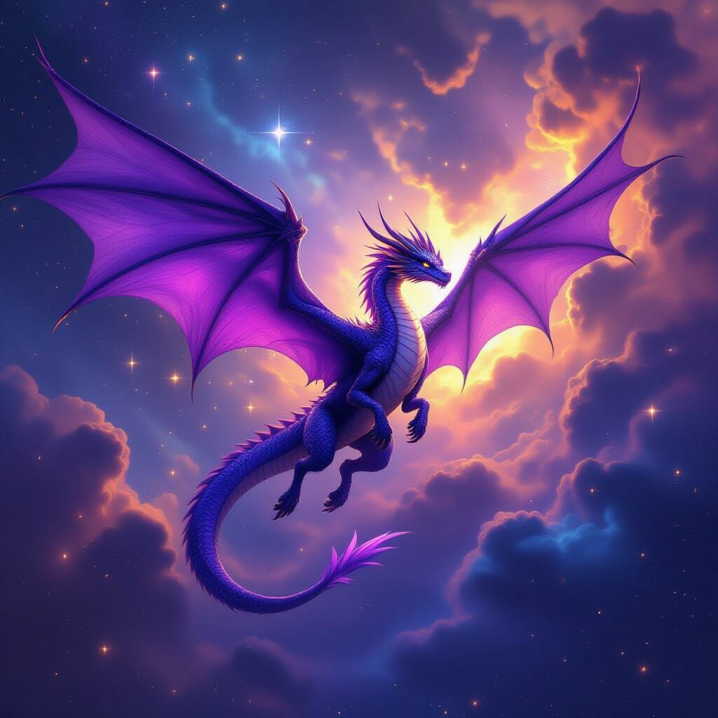 Purple Dragon Soaring Through Cosmic Nebula in Fantasy Art S...