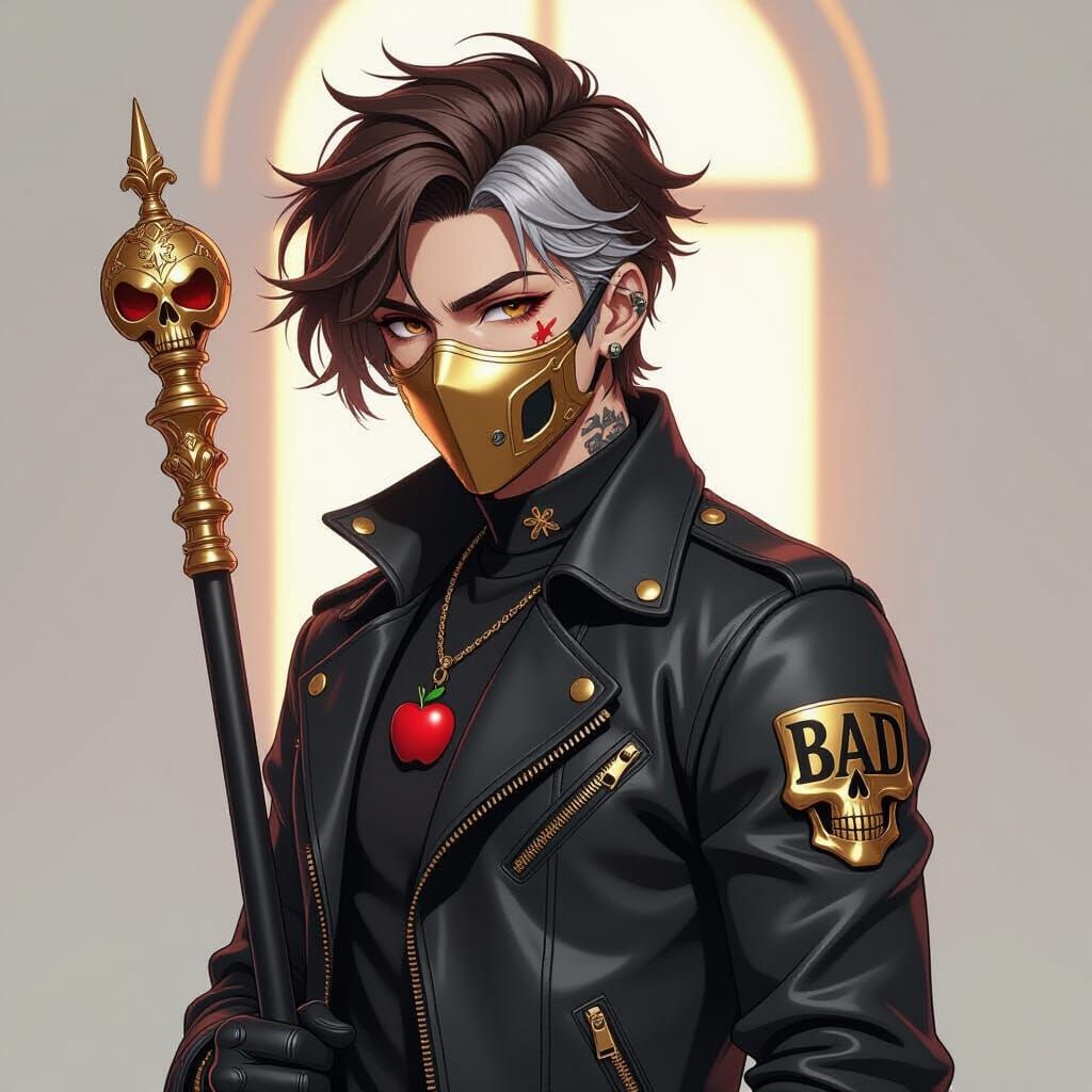 Anime-Style Man with Scepter and Tattoos