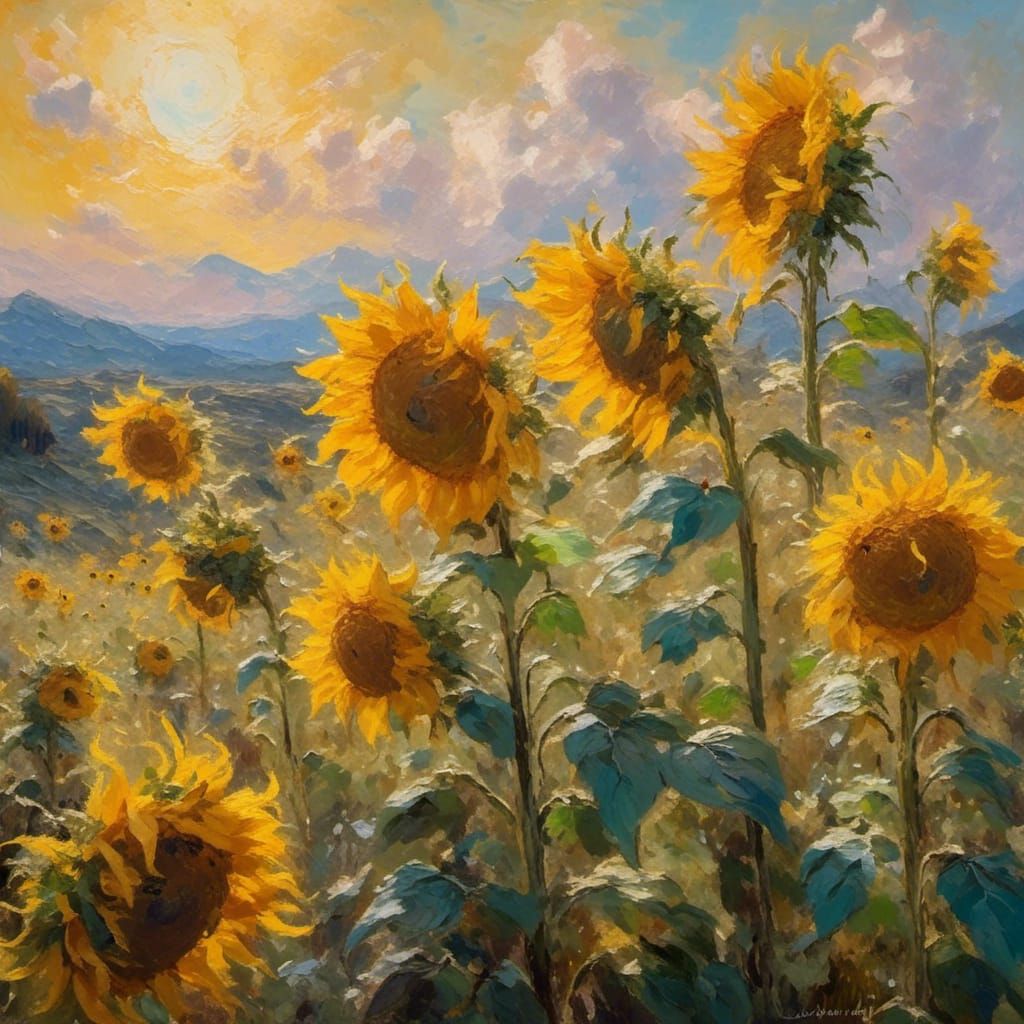 Impressionist Sunflowers and Birds in a Field