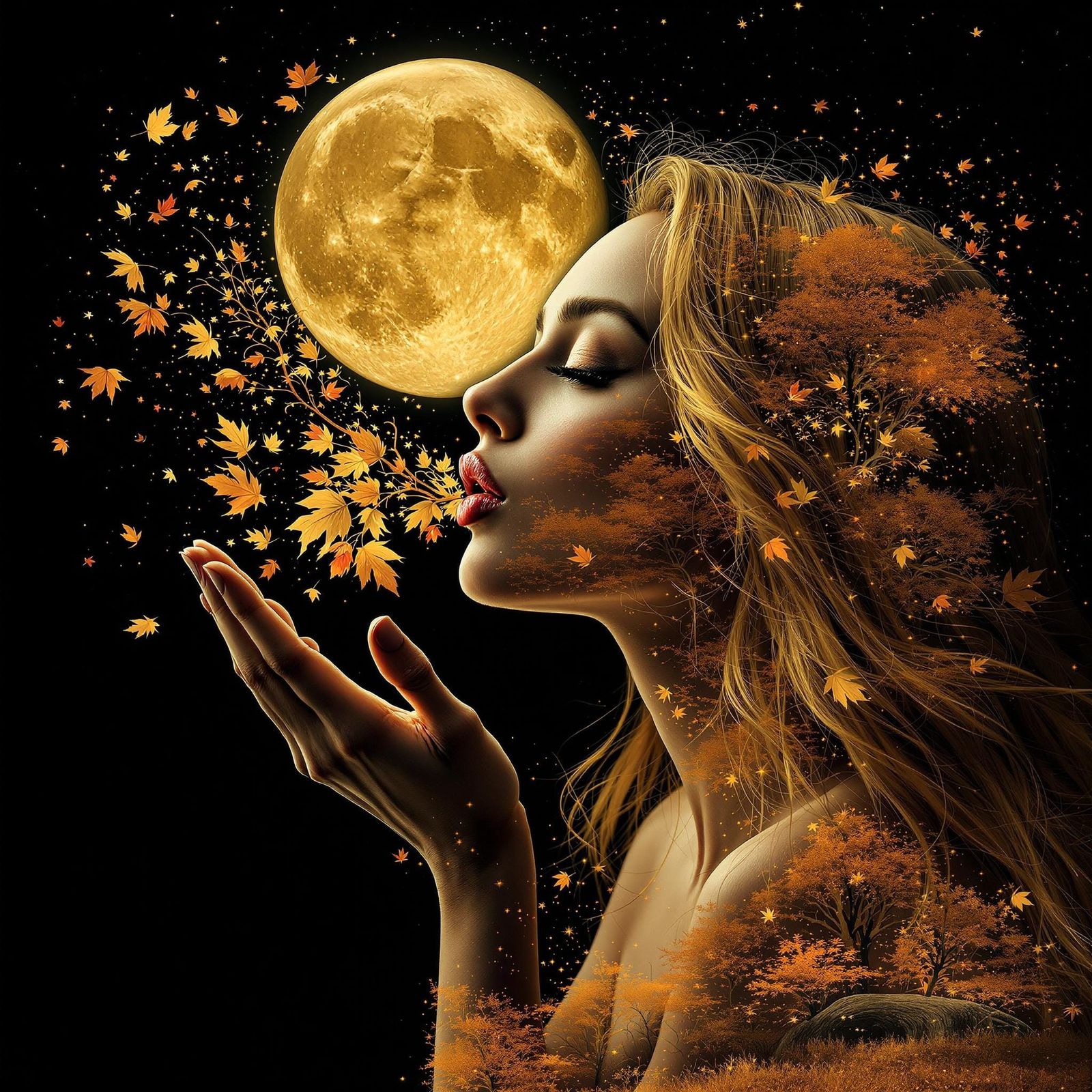 Autumn Kiss Double Exposure: Surreal Fantasy Scene