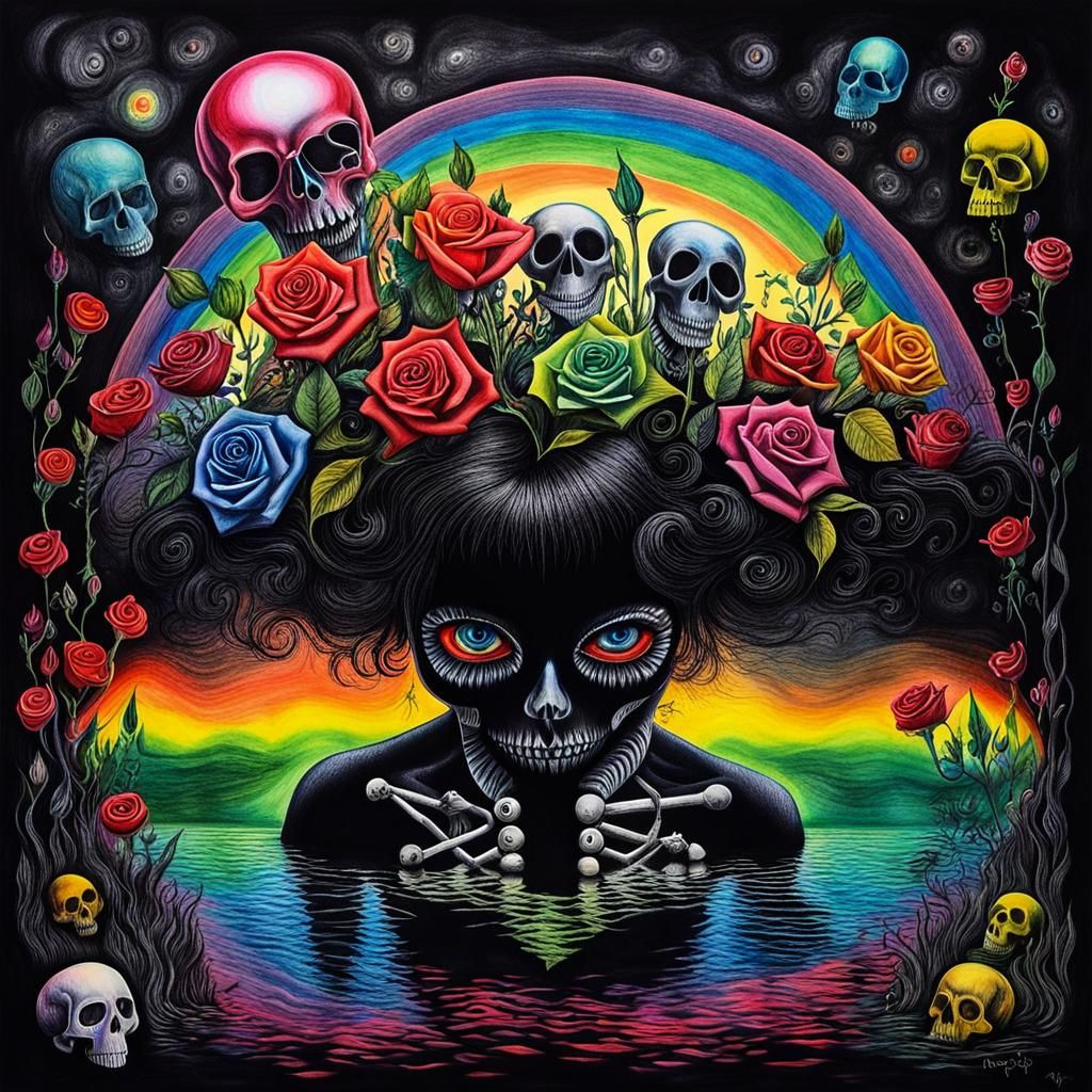 Surreal Crayon Drawing: Goth Woman in Pain