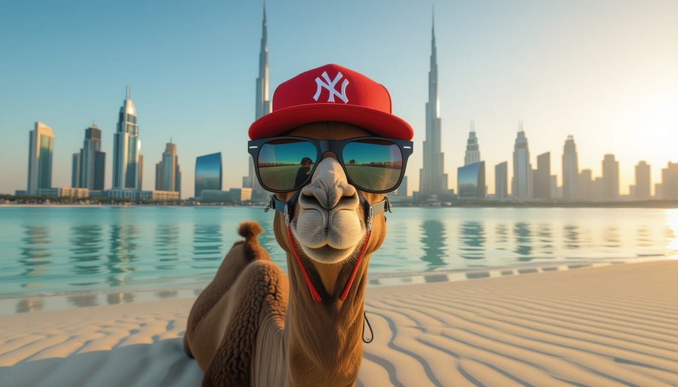 Dubai Beach Scene with Camel at Golden Hour