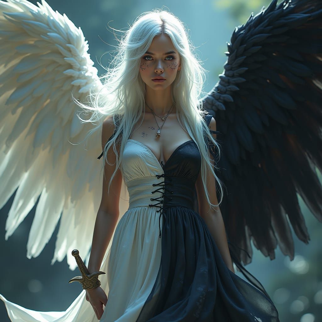 Dichotomy Angel Girl with Black and White Wings