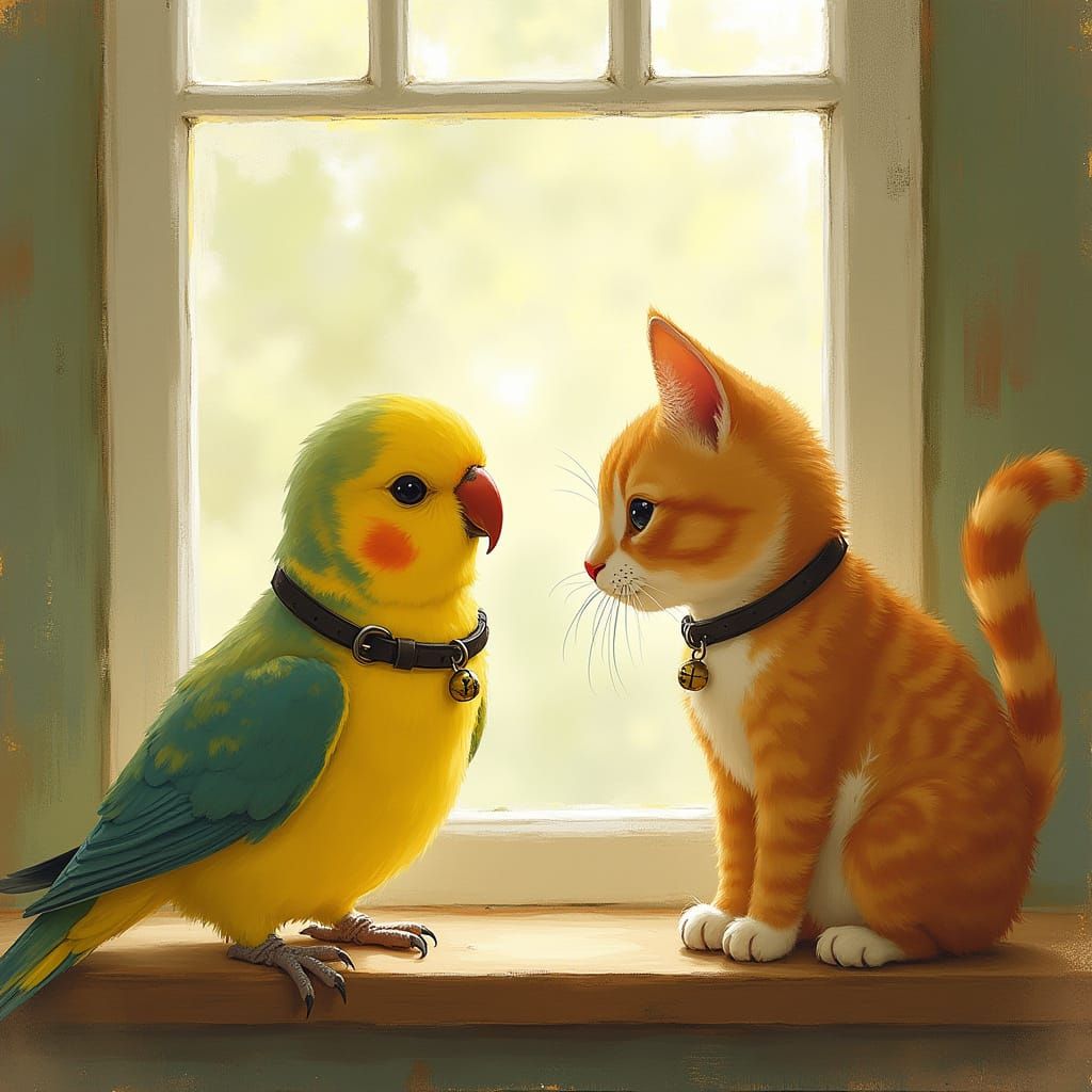 Parakeet and Cat Interact in Sunlit Room