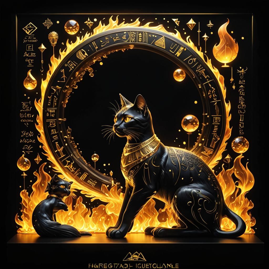 Spectacular Crystal Cat Statue with Egyptian Science Diagram