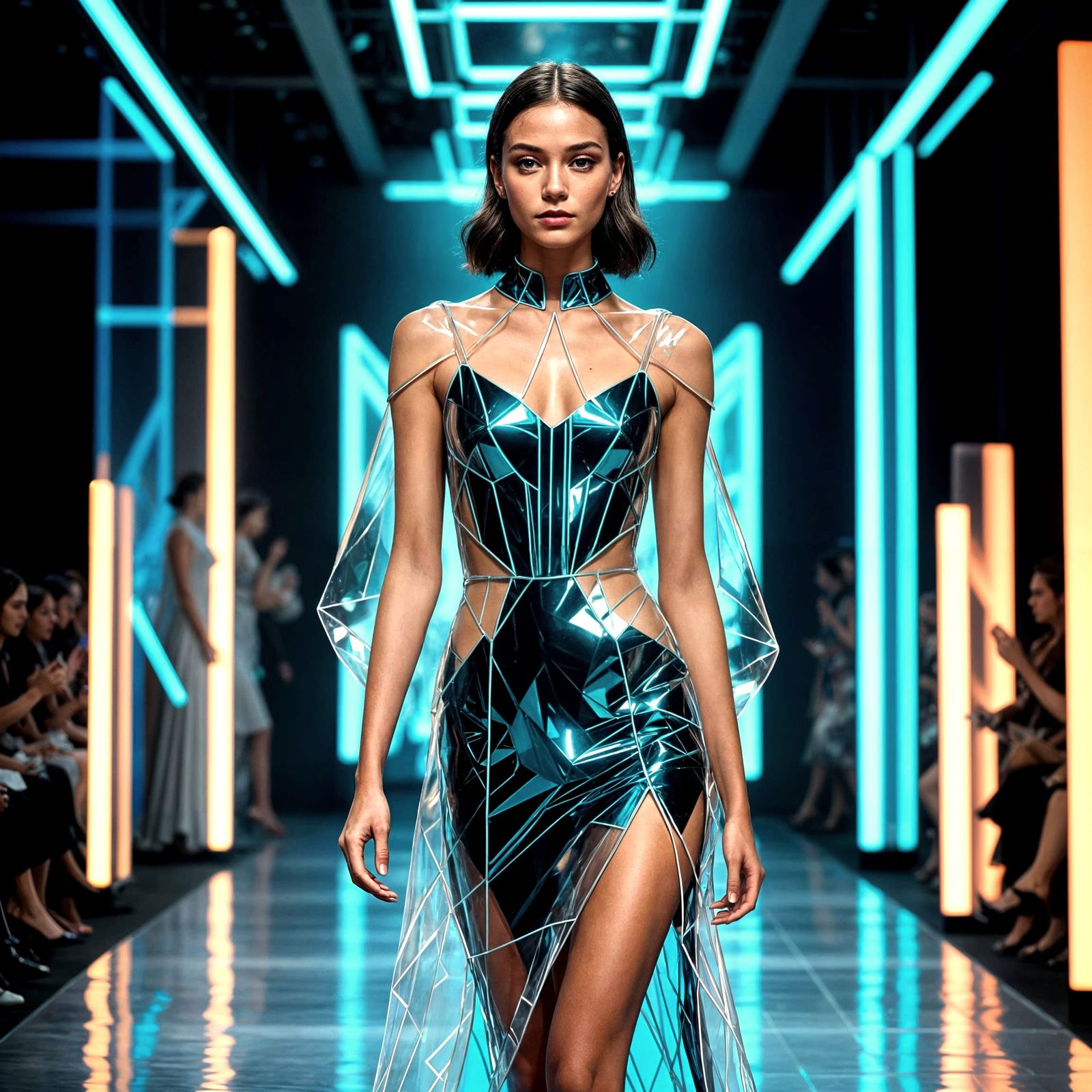 Futuristic Model in Glowing Glass Dress on High-Tech Runway