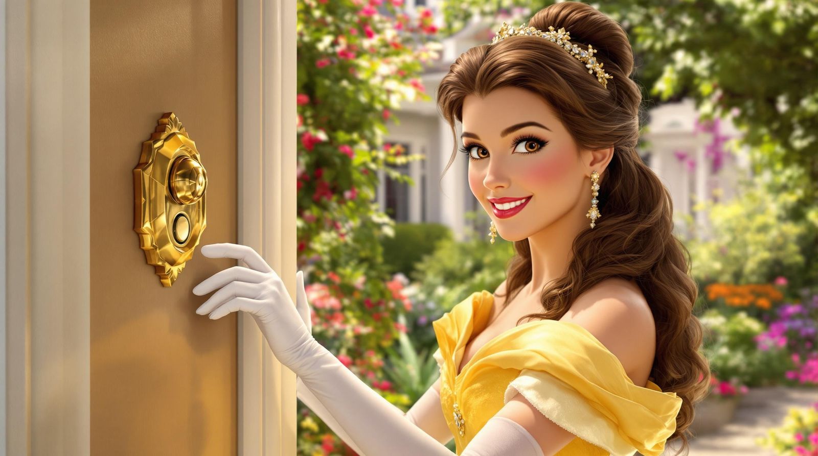 Realistic Portrait of Princess Belle Ringing Doorbell