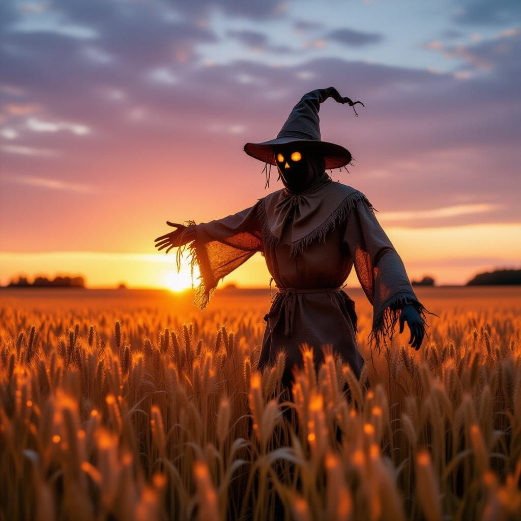 Ghostly Scarecrow in Golden Wheat Field at Dawn