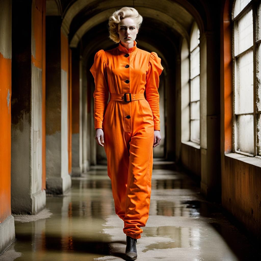 Blonde Woman in Orange Jumpsuit in Victorian Style