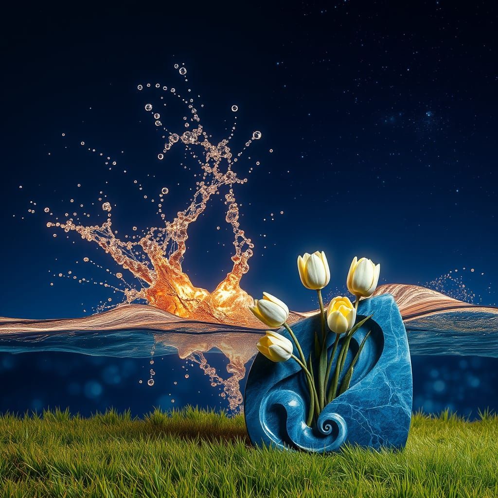 Abstract Water Light Sculpture Under Glittery Night Sky