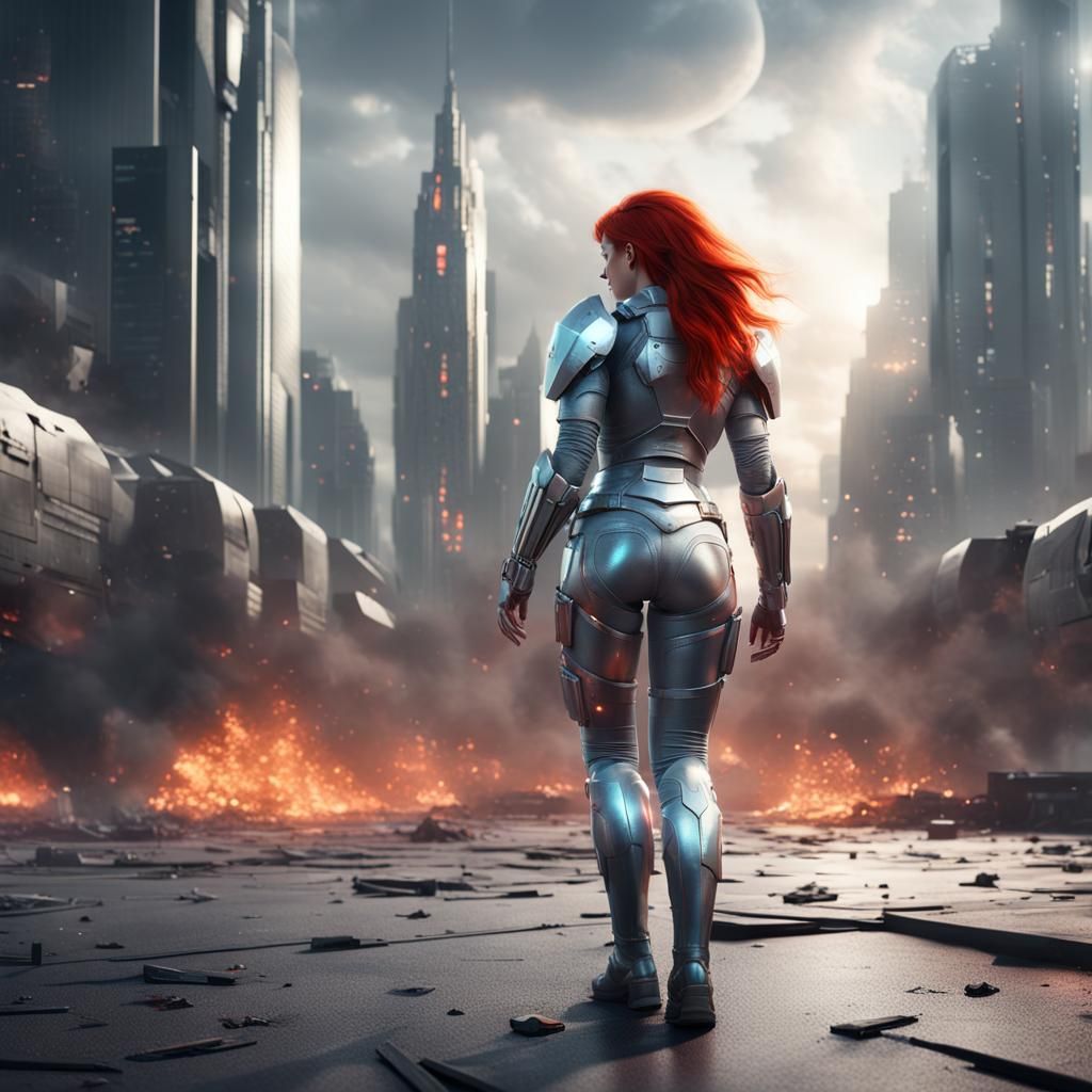 Sci-Fi Woman in Burning City, Cinematic 4K Render