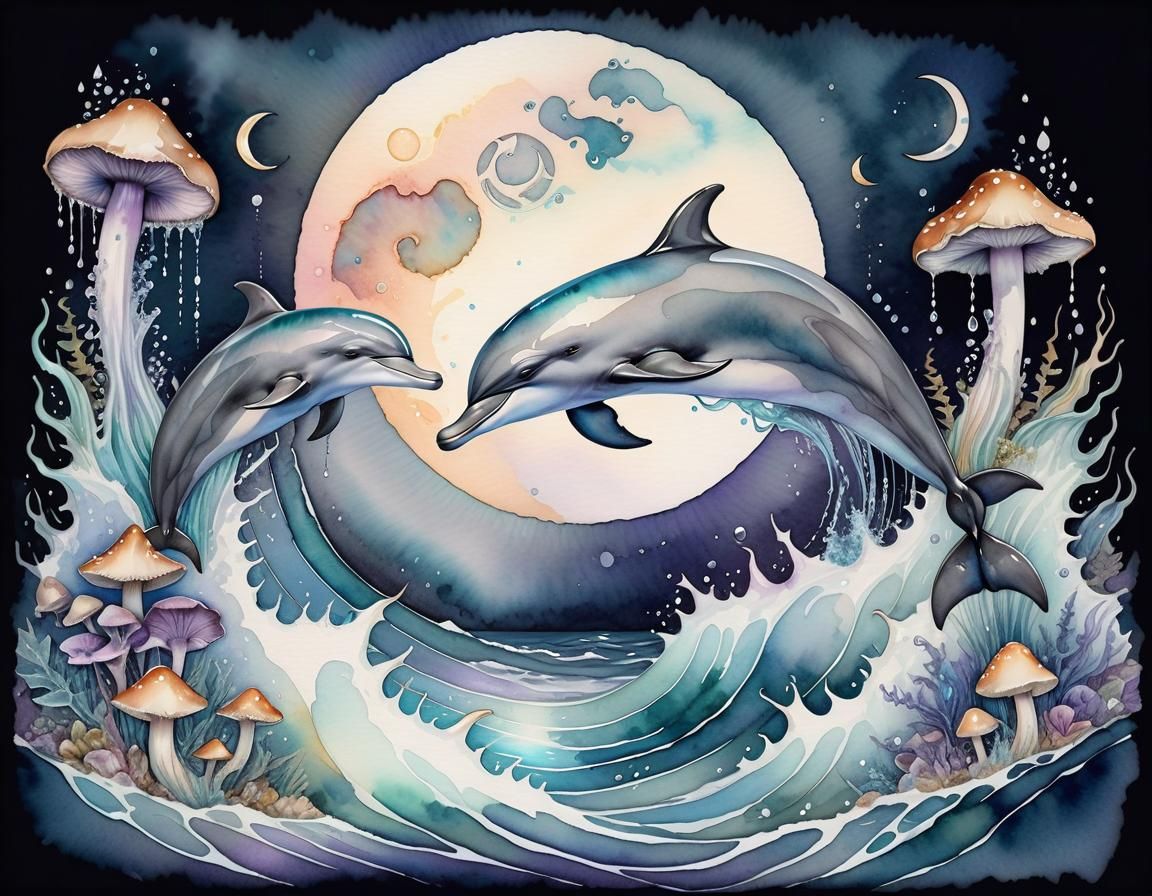 Dynamic Watercolor Dolphins with Crescent Moon and Runes