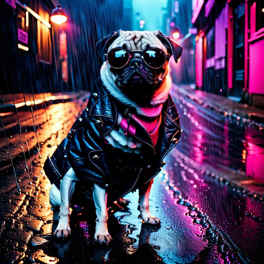 Cyberpunk Pug in Rainy Alleyway, Neo-Noir Style