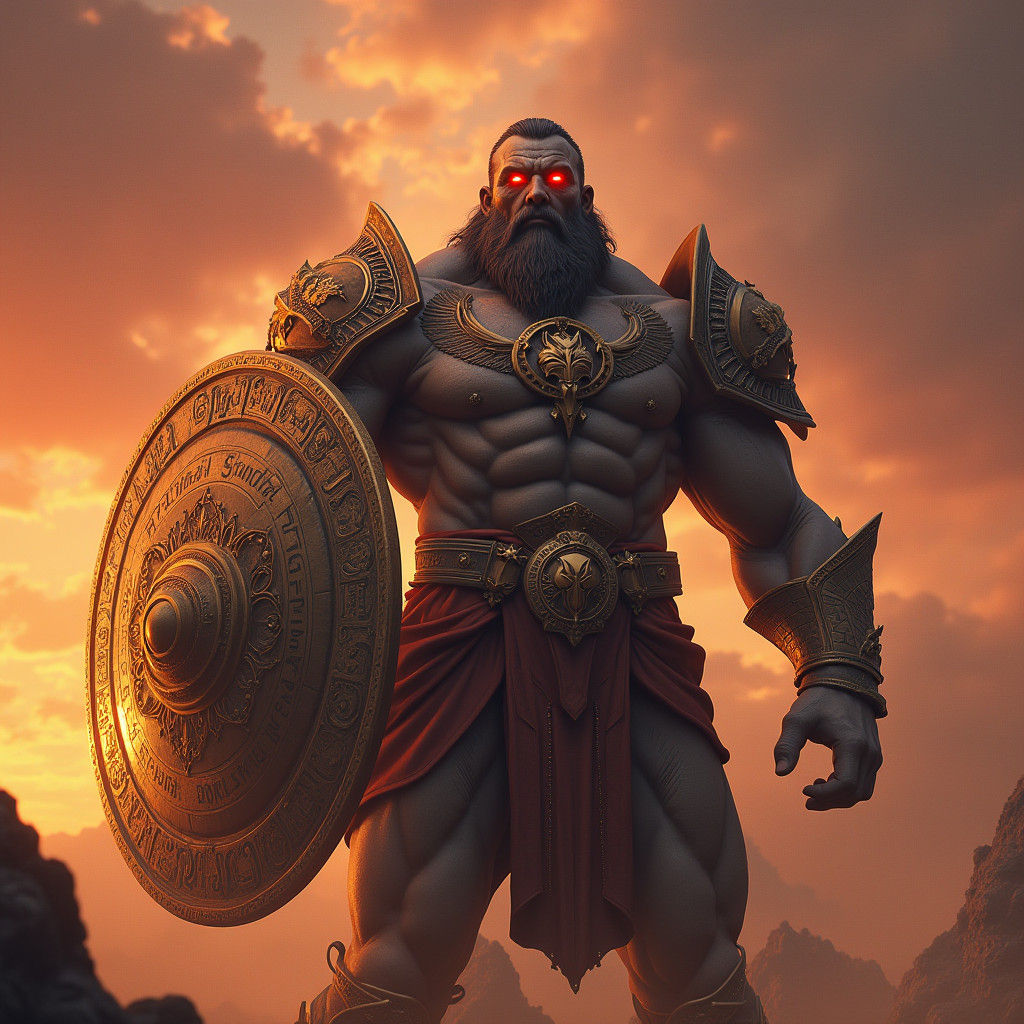 Granite Giant with Fiery Eyes and Shield