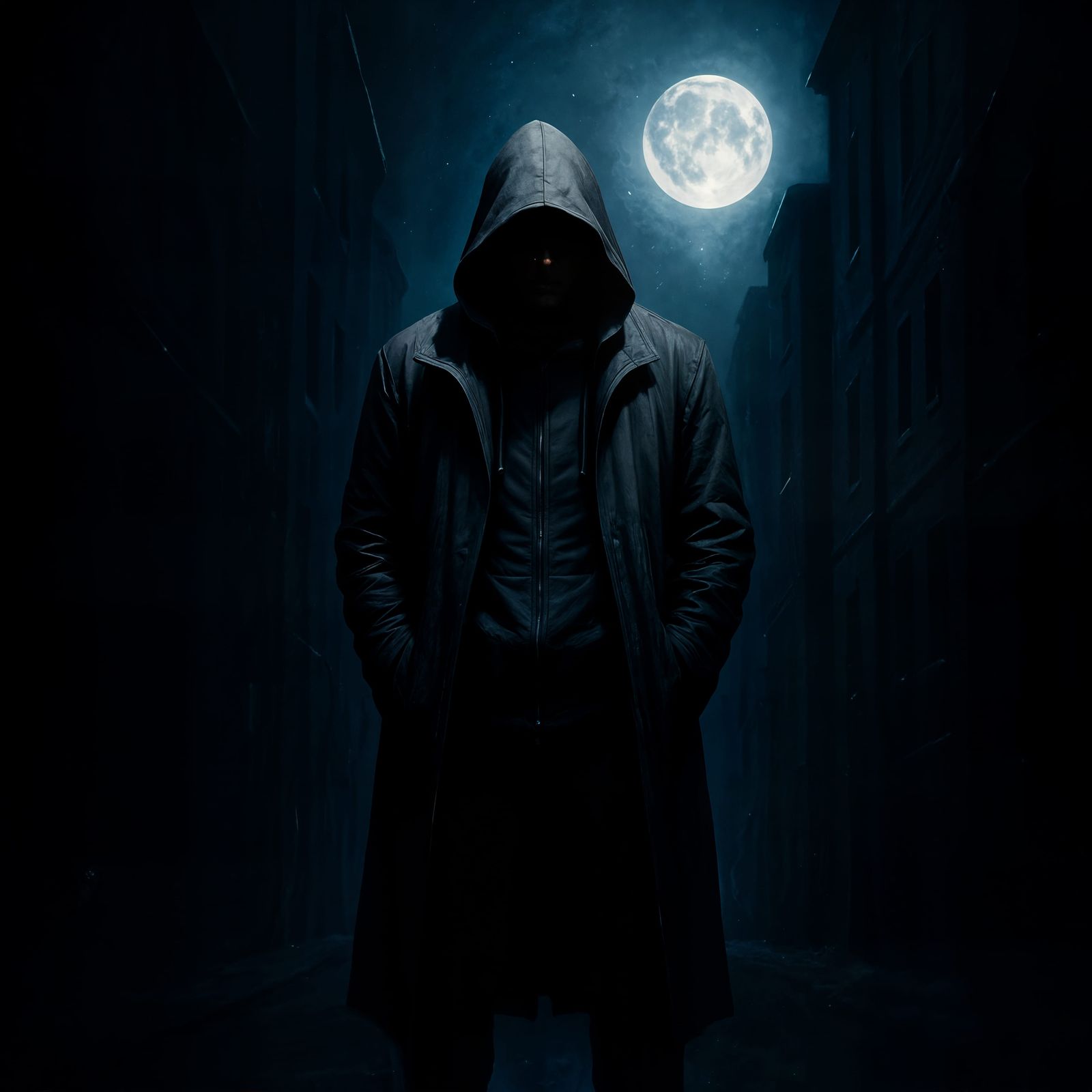 Mysterious Hooded Figure in Dark Alley at Night