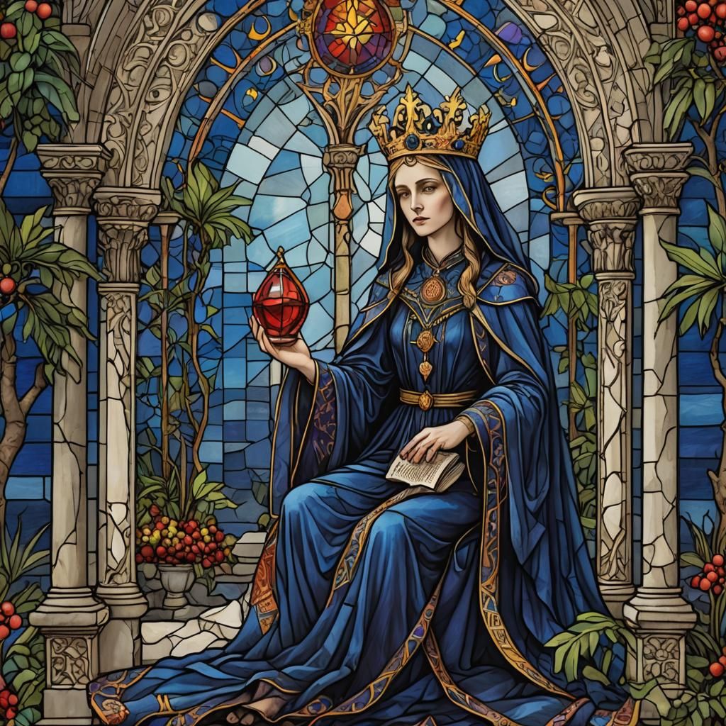 High Priestess Tarot in Gothic Stained Glass Style