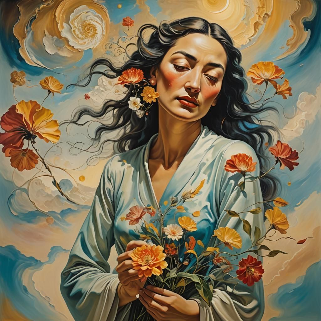 Dreamlike Woman with Flower in Surrealist Oil Painting